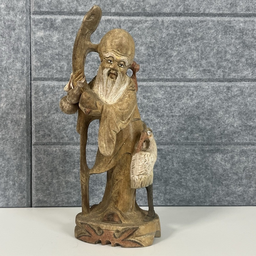 Hand Carved Wooden Shou God Of Longevity Figure with Staff and Gourd 8.5"